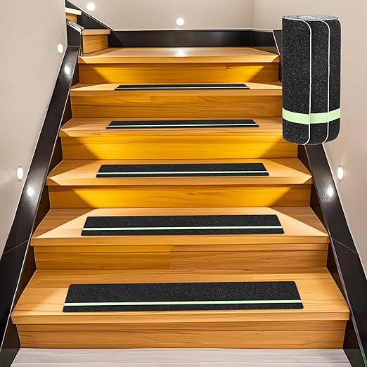 5-Pack Anti Slip Traction Tape 24" x 6" Best Grip Tape Grit with 12mm/0.47" Glow in Dark Stripe High Traction Friction Abrasive Adhesive for Indoor/Outdoor Stairs[Black+Green]