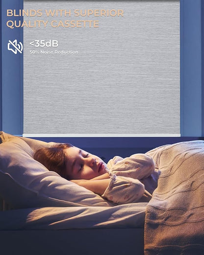 Motorized Roller Shade with Remote Control, 100% Blackout Electric 21-98” Width Blinds for Windows with Via Hub Alexa Google Home, Rechargeable Smart Automatic Customized Size（Texture-Grey）