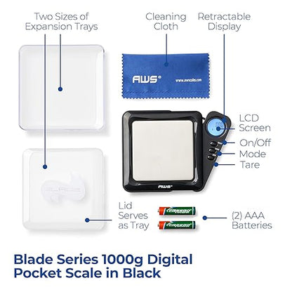 American Weigh Scales Blade Series Digital Pocket Gram Scale 1000g x 0.1g | Precision Mini Scale 0.1g Accuracy, Pocket Scale for Kitchen, Gold, Gems & Coin Scale, Smart Digital & Compact Scale