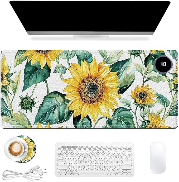 Heated Mouse Pad, Warm Desk Pad, Keyboard Mat 31.5 x 13 Inch Large Size Intelligent Fast Heating, 3 Speed Adjustable, Timed Auto Power Off for Game Office Home,Blooming Sunflowers