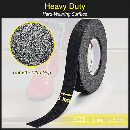 S&X Anti Slip Tape 1 Inch x 60 FT Roll, Black, Grit 60, Extended Length Non-Slip Skid Grip Tape for Outdoor Stair Treads, Wooden Steps & Exterior Grips – Waterproof, Long-Lasting Tread Strips