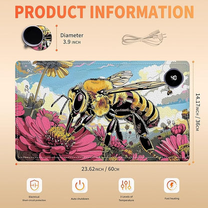 Heated Mouse Pad, Warm Desk Pad, Keyboard Mat 23.6 x 14 Inch Large Size Intelligent Fast Heating, 3 Speed Adjustable, Timed Auto Power Off for Game Office Home, Bees Collect Honey