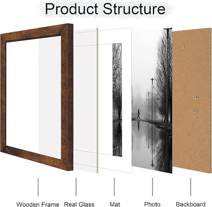 iRahmen 10x14 Picture Frame Set of 4 with Tempered Glass, Rustic Frame Display 8x12 Pictures with Mat or 10 x 14 Without Mat, Wooden Photo Frames for Wall Mounting