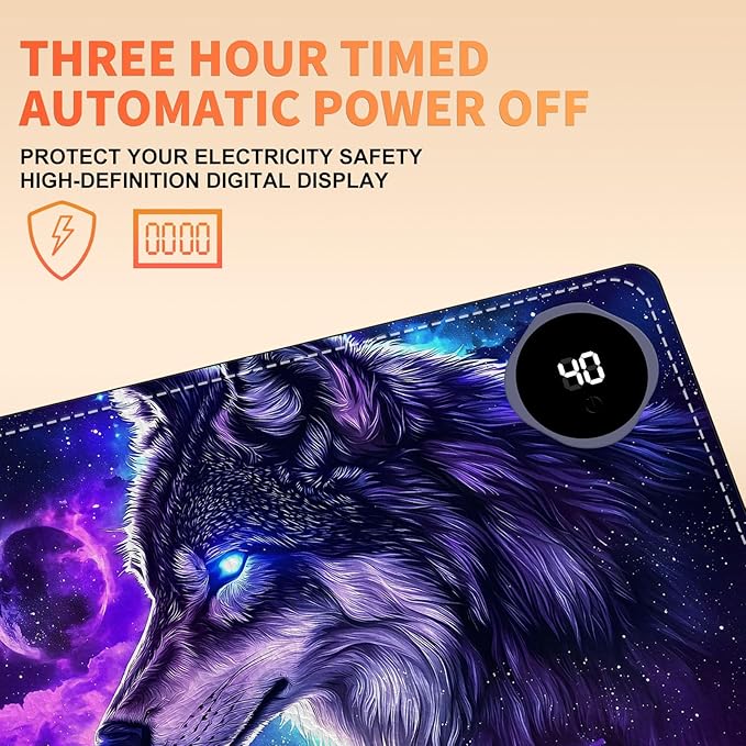 Heated Mouse Pad, Warm Desk Pad, Keyboard Mat 23.6 x 14 Inch Large Size Intelligent Fast Heating, 3 Speed Adjustable, Timed Auto Power Off for Game Office Home, Galaxy Wolf