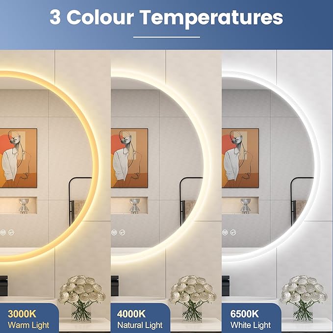 STARLEAD 28" LED-Bathroom-Mirror-with-Lights, Wall-Mounted with Bluetooth Speaker, Anti-Fog, 3 Color Temperature, Dimmable Brightness, Waterproof, Tempered Glass, Frontlit & Backlit, Round