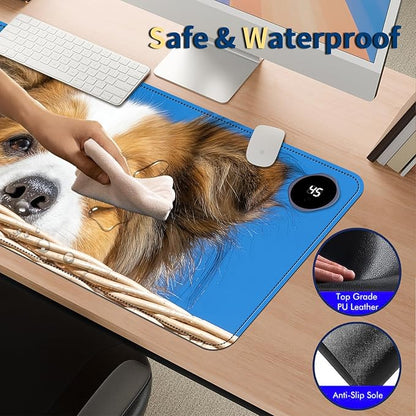 Heated Mouse Pad with 3 Temperature Settings(104°F–122°F),Large 31.5x13 Inch PU Leather Heated Desk Mat,Waterproof Warming Pad for Office,Gaming & Cold Hands Relief,Cute Dog