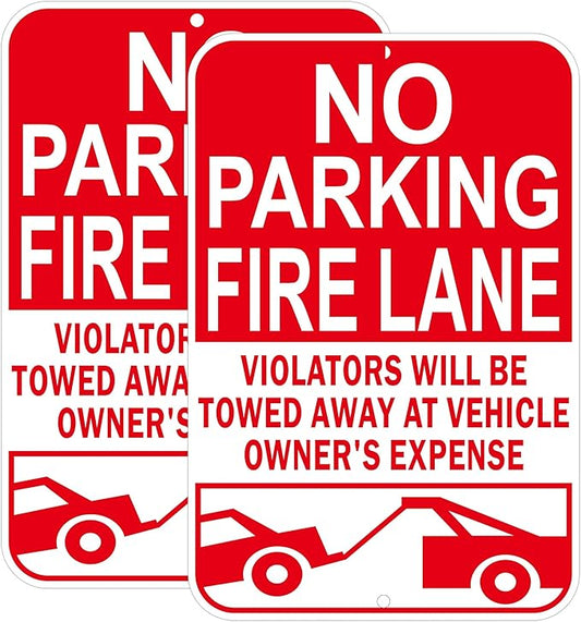No Parking Fire Lane Sign, Reflective Aluminum, 12 x 18 Inches, Weather Resistant, UV Protected, Indoor Outdoor Use, 2 Pack