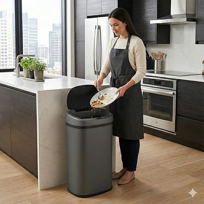SensorCan 13 Gallon Automatic Sensor Trash Can with Lid, AC Adapter Included, AbsorbX Odor Control, Gunmetal Gray Stainless Steel Kitchen Garbage Bin, Fingerprint-Proof, Hands-Free Operation, Oval