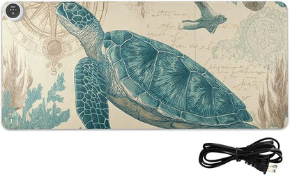 Heated Desk Pad Mouse Pad 31.5x13 Inch PU Leather Desk Mat with 3 Heat Levels Large Mouse Gaming Computer Laptop Mat Retro Sea Turtle Compass