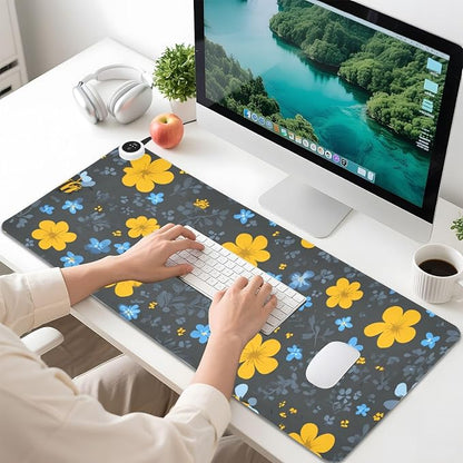 Heated Desk Pad Mouse Pad 31.5x13 Inch PU Leather Desk Mat with 3 Heat Levels Large Mouse Gaming Computer Laptop Mat Blue Floral Fragments and Bees