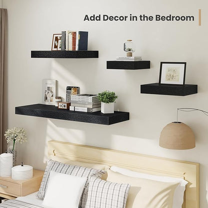 Heimlove 12 Inch Deep Floating Shelves, 12 x 12 inches Long Wall Shelf, Large Extra Display Shelf & Storage Shelf, Rustic Wood Wall Shelves for Fireplace Mantel, Black - 2Pack
