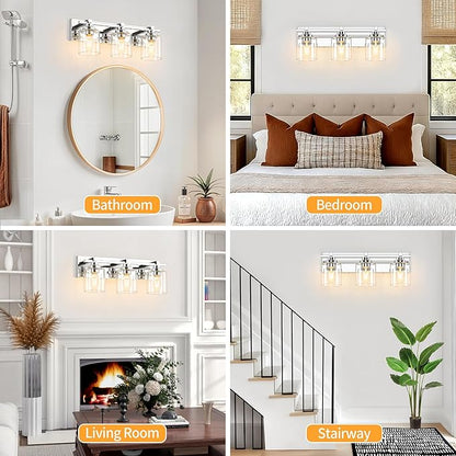 3 Light Modern Bathroom Light Fixtures Over Mirror, Chrome Vanity Lights for Bathroom Wall Sconces with Clear Glass Shades, E26 Socket (Bulbs Not Included)