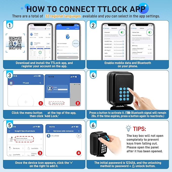 HUANLANG Smart Key Lock Box - Bluetooth Electronic Lock Box for Keys, Wall Mount Digital Key Storage with App Control & PIN Code Types, IP65 Waterproof lockbox for Home, Airbnb, Realtor and Office
