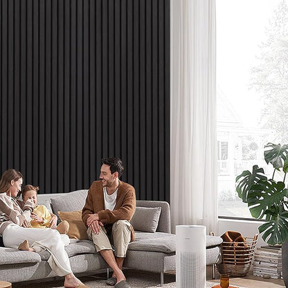3D Slat Acoustic Wall Panels with Wood Finish Accent, 4 Pack Sound Absorbing Paneling for Studio, Office, Living Room, Bedroom Interior Decor (Matte Black, 48''L x 24''W)