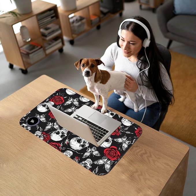 Heated Mouse Pad with 3 Temperature Settings(104°F–122°F),Large 24x14.2 Inch PU Leather Heated Desk Mat,Waterproof Warming Pad for Office,Gaming & Cold Hands Relief,Skeleton Skull Rose