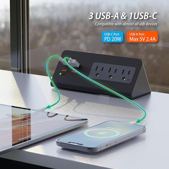 Power Charge Station Edge clamp Mount with USB-C Ports，Tabletop Surge Protector, Desk Clamp Power Sockets with 3 AC Outlets and 4 Fast Charging USB Ports for Home Office Hotel and Dormitory (White)
