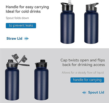 VEGOND 32 oz Insulated Water Bottle Bulk Stainless Steel Metal Water Bottles with Leak Proof Straw Lid & Spout Lid, Wide Mouth Double Walled Vacuum Travel Sports Bottle, 4 Pack