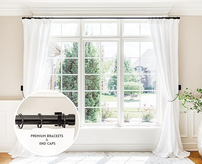 BlastHome® Non-Adjustable Luxury Curtain Rods for Windows, 1 ¼” Rod Set, 11 foot Fixed Length (Three Rods Connect for a Seamless Look), Tuxedo Black