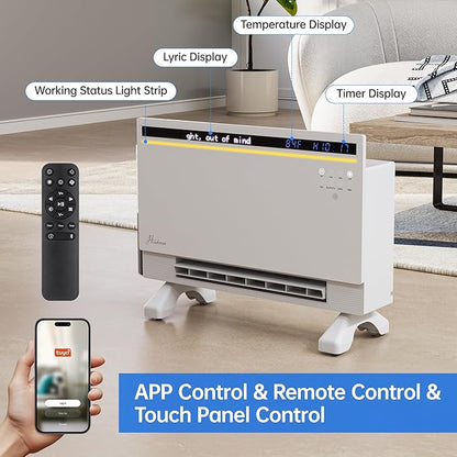 1800W Smart Panel Space Heater with Bluetooth Speaker,Play Music & Lyric Display & RGB Lights, 6-in-1 Heater Fan, App/Voice/Remote/Touch Control, Wall-Mount or Freestanding, Works with Alexa