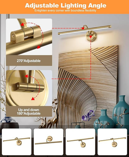 Picture Light for Wall, Dimmable Battery Operated Art Light, Picture Frame Light with Remote & Timer, Cordless Wall Sconce with 3 Colors Temperature for Pantings, Photo Gallery(Brass, 23.6inch)
