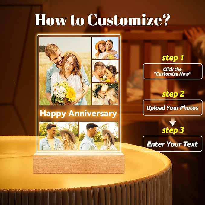 Custom Picture Frames with Photo, Personalized Photo Frame with Night Light, Customized Gifts for Couple, Personalized Anniversary Valentines Day Gifts for Women Men Her Him Boyfriend Girlfriend