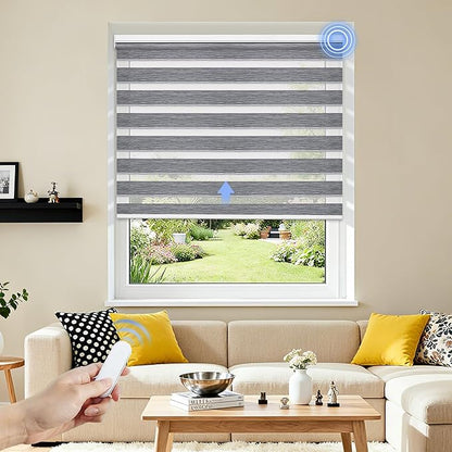 Grandekor Motorized Zebra Blinds with Remote Control,Smart Zebra Blinds for Windows,Electric Zebra Shades, Hemp Grey,29" W x 72" H