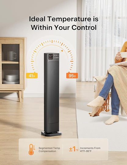 PELONIS 30” Ceramic Tower Space Heater with Adjustable Thermostat for Large Room, 75° Oscillation, Remote Control & 12H Timer, Tip-Over Switch & Overheating Protection, 1500W, PHF15RSAPH30, Black