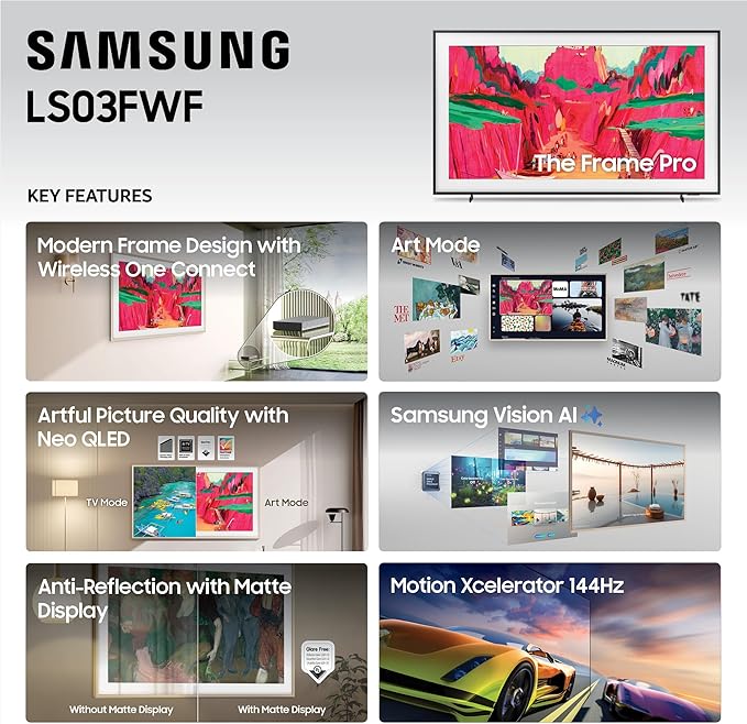 Samsung 75-Inch Class The Frame Pro LS03FW 4K Neo QLED Mini LED Smart TV (2025 Model) Slim Fit Wall Mount, Modern Frame Design, Wireless One Connect, NQ4 AI Gen3 Processor, Art Mode, Alexa Built-in