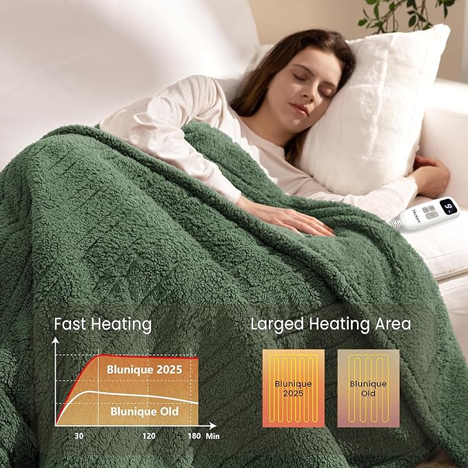 Heated Blanket Electric Blanket King - Fast Heating Blanket Throw Dual Control Double Sided Sherpa with 10 Heating Levels & 2-10 Hours Auto Off, Mashine Washable, 90 x 100 Inches, Green