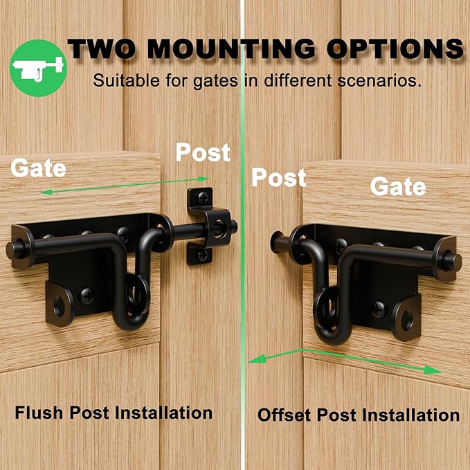 Heavy Duty Slide Bolt Gate Latch for Wooden Fence, 2 Way Barn Door Latch with Padlock Hole, Offset and Flush Mounted Gate Latch for Outdoor Gates/Yard Fence/Shed Door, Black, 1 Pack