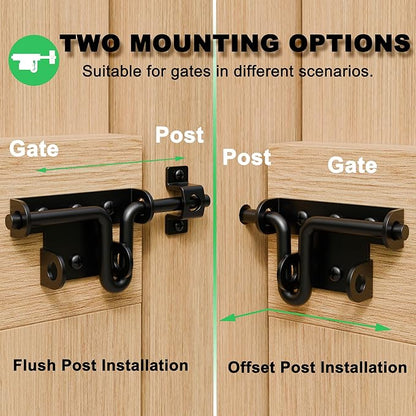 Heavy Duty Slide Bolt Gate Latch for Wooden Fence, 2 Way Barn Door Latch with Padlock Hole, Offset and Flush Mounted Gate Latch for Outdoor Gates/Yard Fence/Shed Door, Black, 3 Pack