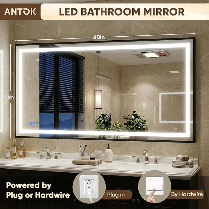 Antok 60X30 LED Bathroom Mirror with Lights, Vanity Mirror for Wall with Black Frame, Touch Control, Anti-Fog, Dimmable Lights, Shatter-Proof, Memory Function, Wall-Mounted Vanity Mirrors