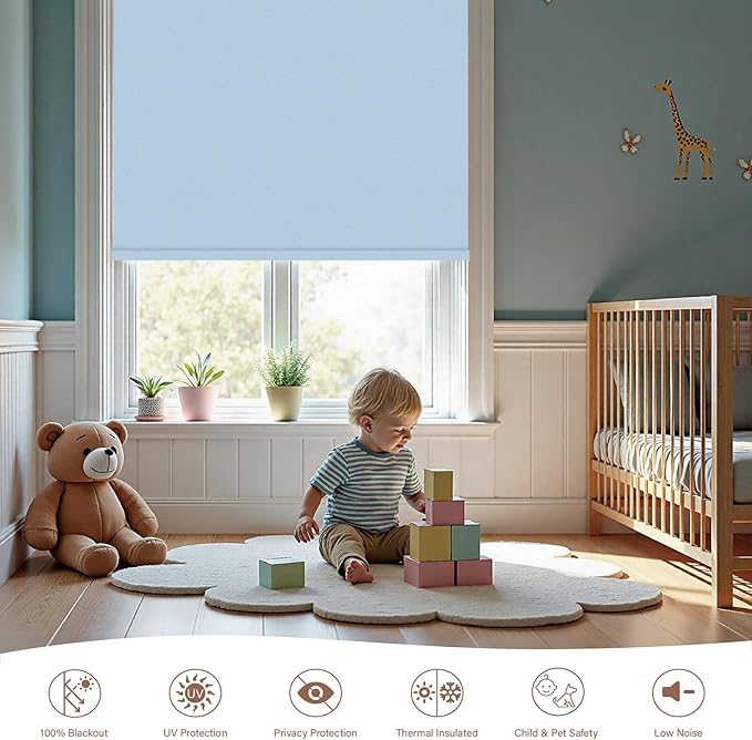 Motorized Roller Blinds with Remote, 100% Blackout Automatic Roller Shades for Bedroom, Bathroom, and Living Room, Customized Size, Pale Lake Blue