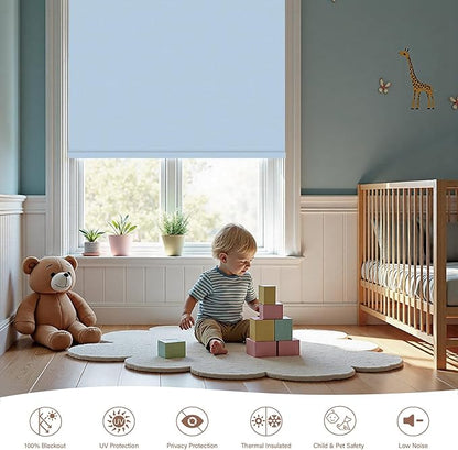 Motorized Roller Blinds with Remote, 100% Blackout Automatic Roller Shades for Bedroom, Bathroom, and Living Room, Customized Size, Pale Lake Blue
