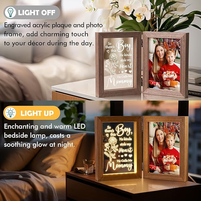 Christmas Gifts for Mom from Daughter Son Kids, Mom Gifts Engraved Night Light with 5x7 Mother Picture Frame Solid Wood, New Mama Gift Mommy Son Picture Frame Mother-in-Law Birthday Gift for Mama