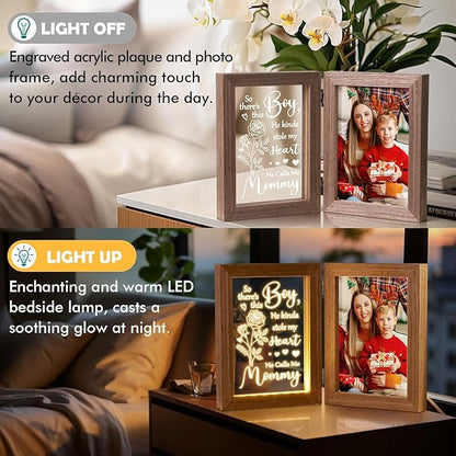 Christmas Gifts for Mom from Daughter Son Kids, Mom Gifts Engraved Night Light with 5x7 Mother Picture Frame Solid Wood, New Mama Gift Mommy Son Picture Frame Mother-in-Law Birthday Gift for Mama