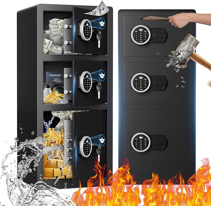 8.0 Cu ft Extra Large Home Safe Box 3 Door Money Safes - Fireproof & Waterproof Digital Safe with Dual Alarm, Drop Slot, Backlit Keypad & Adjustable Shelf for Home, Office, Hotel