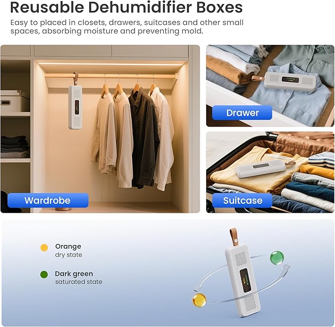 Dehumidifiers for Bathroom with Moisture Absorber Bag Reusable, 68 OZ Water Tank Portable Quiet Dehumidifier for Bedroom with Auto Shut Off, 7 Colors LED Light for Home, RV, Garage, apartment