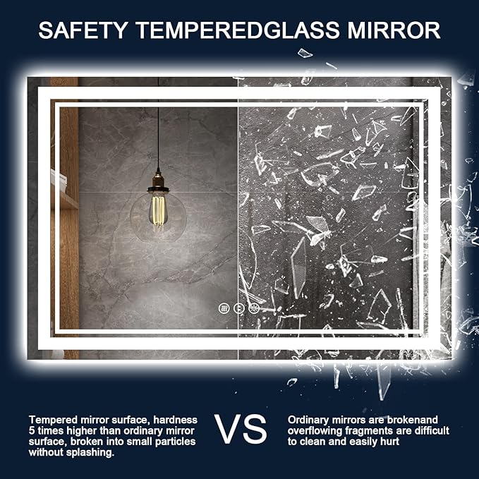 60 x 36 Inch LED Bathroom Mirror with Lights, Large Led Vanity Mirror,Backlit and Front Lighted Bathroom Mirror for Wall,Anti-Fog, 3 Colors Dimmable, Memory,ETL Listed