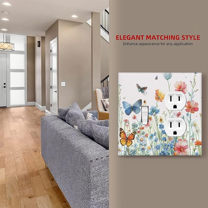 Decorative Outlet Covers Rustic Wildflower Blue Pink Floral Butterfly 2 Gang Light Switch Cover Plate Single Toggle Duplex Wall Plates for Electrical Outlets Switch Plate Covers for Home Decor