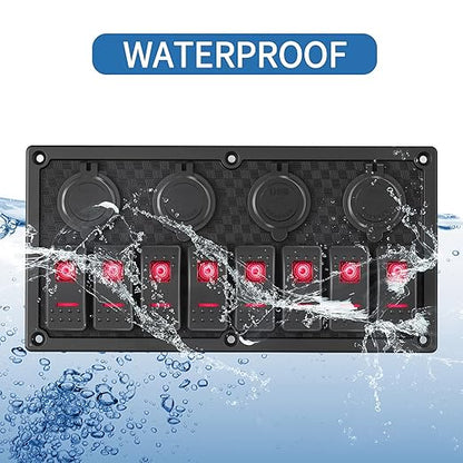 Marine Boat Rocker Switch Panel,Waterproof 8 Gang Toggle Switch Panel with Dual USB and Voltmeter Panel for RVs, Cars, Boats, Trucks,Trailers - 12-24V Red
