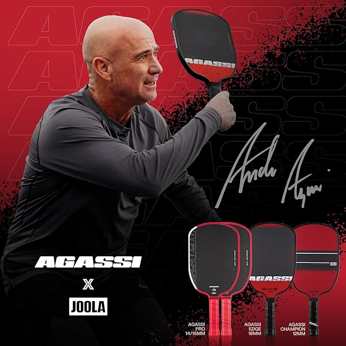 JOOLA Agassi PRO IV 14mm Pickleball Paddle w/Extended Sweet Spot - Carbon Fiber Surface Increases Spin & Control - SK Film for Power & Larger Sweet spot - UPA-A Certified - USAP Approved - NFC Chip