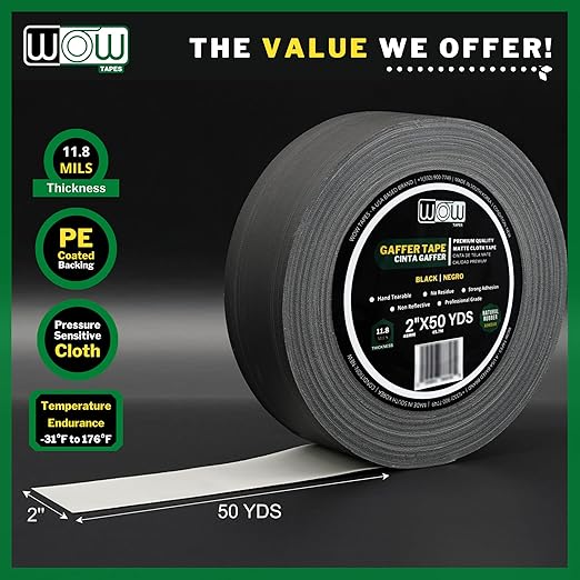 Wow Gaffers Tape 2 Inch Black - 50 Yards (Case of 24), Residue Free, Non-Reflective & Heavy-Duty - Professional Grade Gaff Tape - Ideal for Photography Backdrop, Cables, Cords & Floor Taping