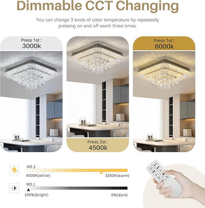 COCOSTAR 18 inch Crystal Flush Mount Chandelier Remote/APP, Modern Raindrop LED Ceiling Light, 3CCT Dimmable & Brightness Adjustable,Elegant Chandeliers for Bedroom Hallway Dinning Room Living Room