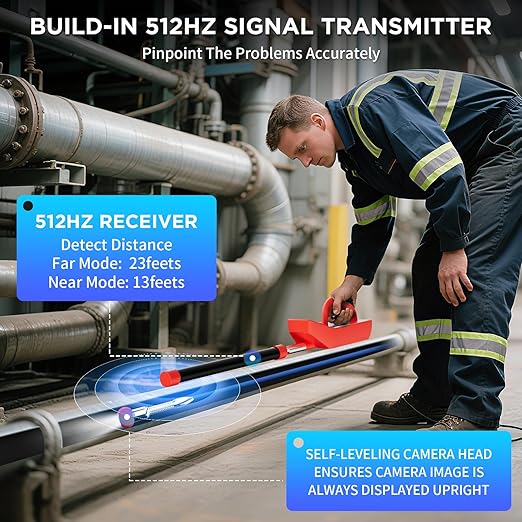 Okk Sewer Camera with Locator, Drain Camera 100ft, Pipe Inspection with 512Hz Sonde, Self-Leveling, Industrial Endoscope with DVR, 9" LCD, Meter Counter, 7mm Cable, IP68 Waterproof, 12 LEDs, 32GB Card