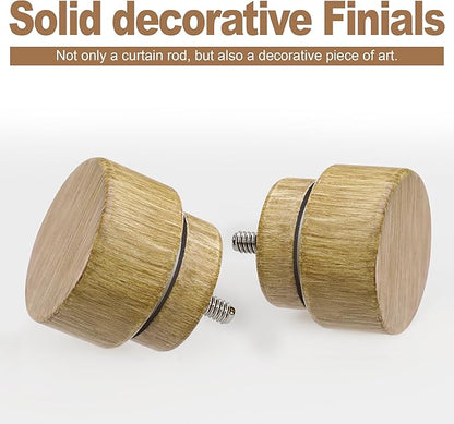 2 Pack Natural Light Wood Grain Curtain Rods for Windows 28 to 48 Inches 1" Diameter Heavy Duty Window Curtain Rod Adjustable with Solid Finials for Living Room Bedroom Kitchen Farmhouse Outdoor