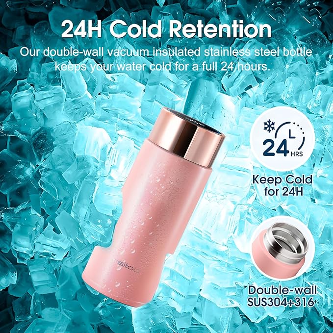 Vsitoo Smart self cleaning Insulated Water Bottle, 8.5oz Stainless Steel Vacuum Flask, AI Self-Clean, 30-Day Battery Life, BPA-Free, Magnetic Charging, Portable Travel Mug Gifts for Men Women, Pink