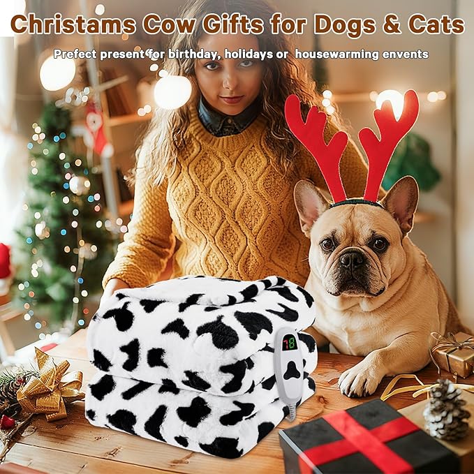 Cow Print Heated Electric Blanket Full Size,72X84 Black Heating Blanket with 10 Heats Levels & 8 Hours Auto Off,Cute Cow Fleece Sherpa Blankets Warmer Gifts for Women Adults,Washable