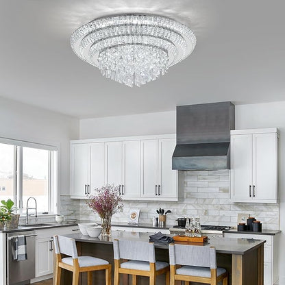 COCOSTAR 30 inch Flush Mount Crystal Chandeliers with Remote and APP, Modern Elegant LED Crystal Raindrop Ceiling Light Fixture, 3CCT Dimmable, for Living Room Kitchen Island Bedroom Entryway Foyer