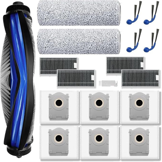 Replacement Parts for ECOVACS DEEBOT T80 Omni Robot Vacuum, Accessories Kit 1 Zero Tangle Main Brush, 2 Roller Mop, 6 Dust Bags, 4 Side Brush, 4 HEPA Filter, 1 Cleaning Brush